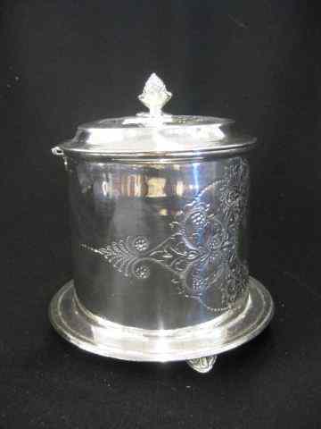 Appraisal: English Silverplate Biscuit Jar footed fancy engraving circa ''