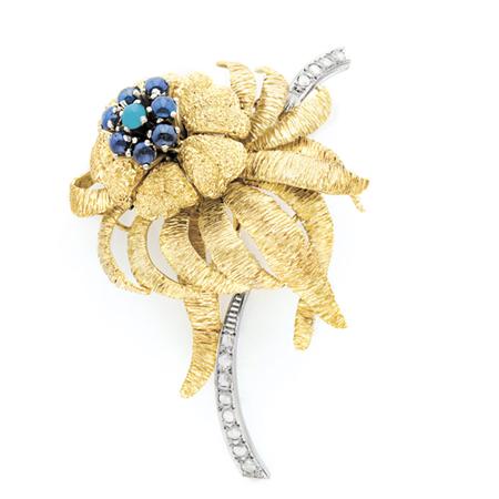 Appraisal: Gold Cabochon Sapphire Diamond and Simulated Turquoise Flower Clip-Brooch Estimate