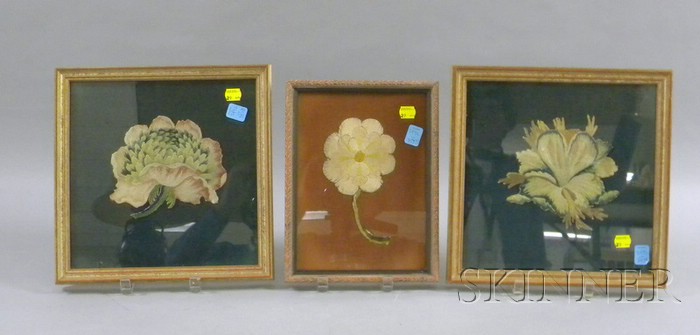 Appraisal: Three Framed Silkwork Flowers mounted ht to in