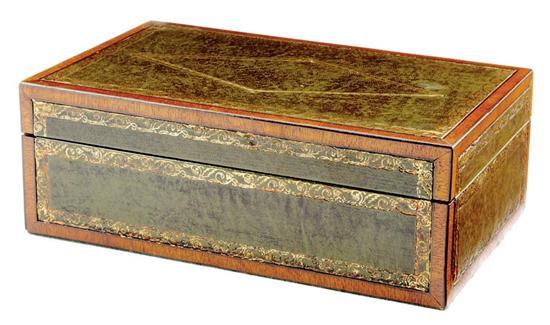 Appraisal: Mahogany and gilt-tooled leather writing box retangular form with hinged