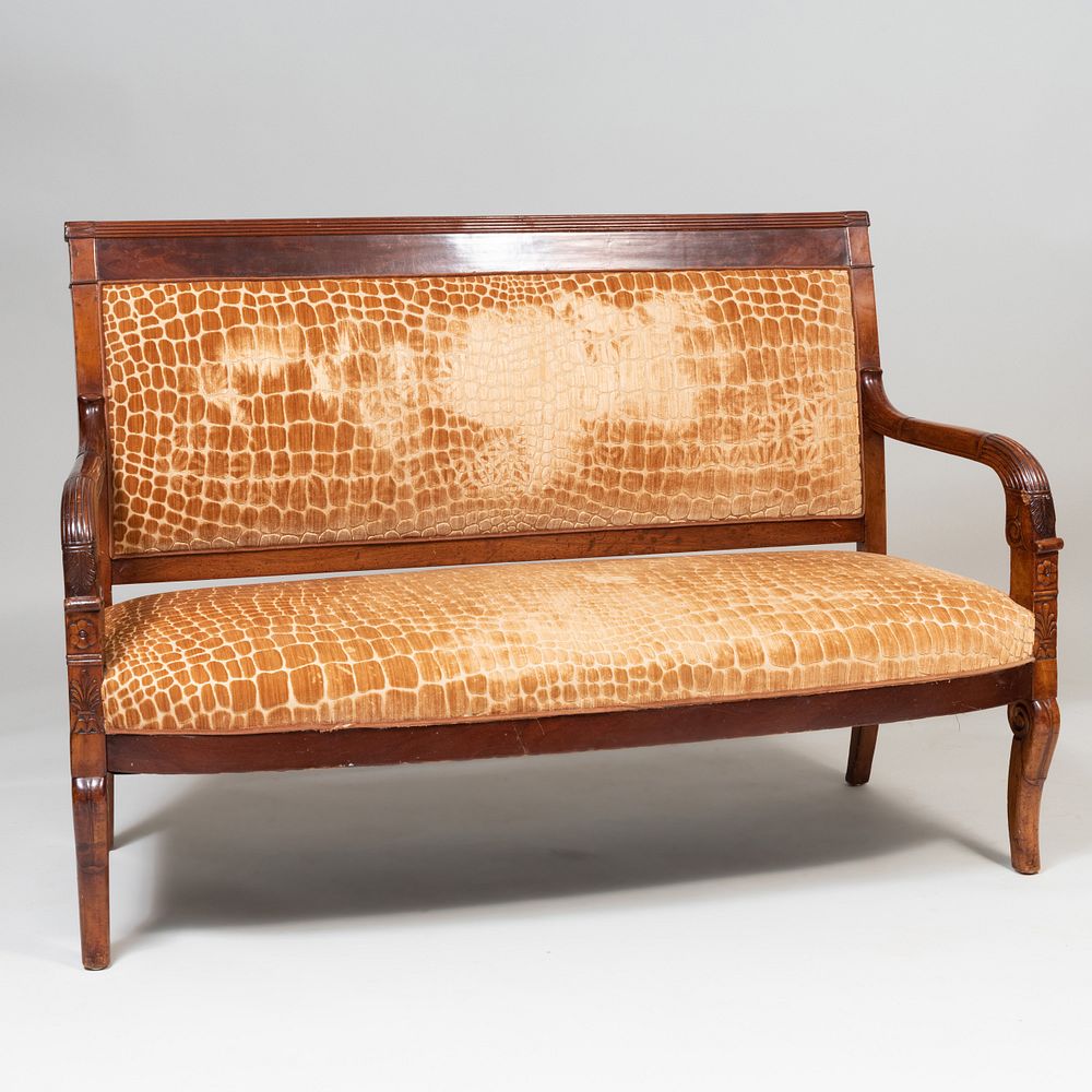 Appraisal: Empire Carved Mahogany Settee Upholstered in animal print silk cut