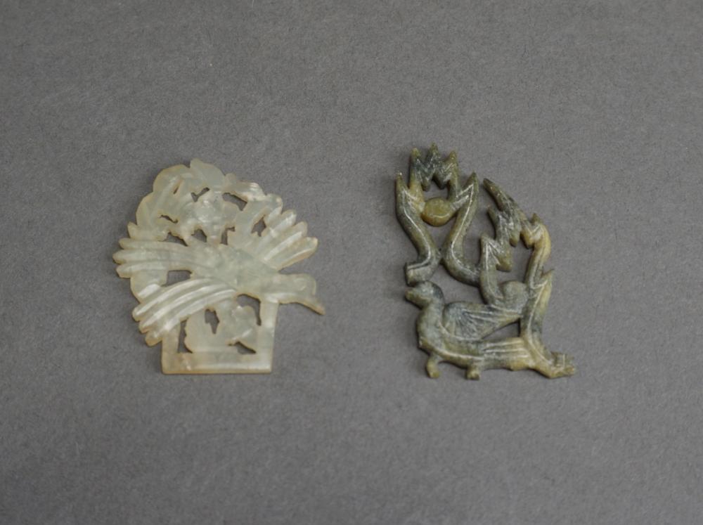 Appraisal: TWO CHINESE CARVED HARDSTONE BIRD PENDANTSTwo Chinese Carved Hardstone Bird