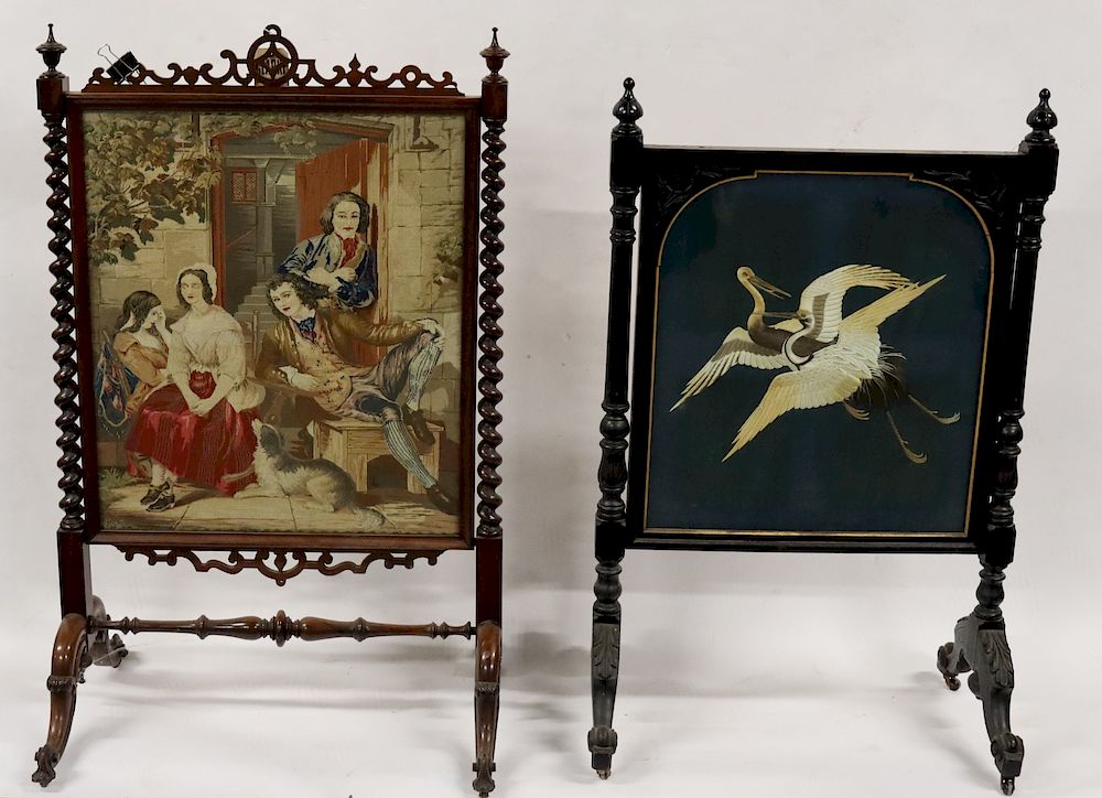 Appraisal: Antique Screens With Needlepoint And Silk Embroidery Inserts with silk