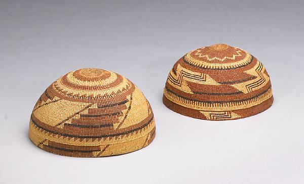 Appraisal: Two Northwest California polychrome hats The larger example with openwork