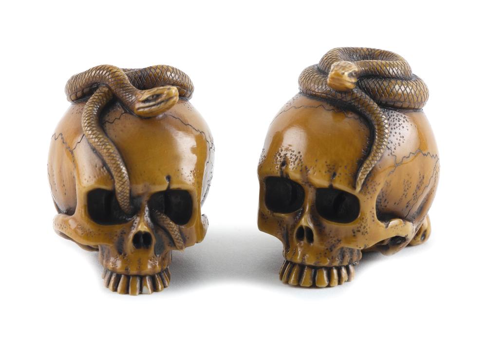 Appraisal: PAIR OF JAPANESE CARVED AND STAINED IVORY NETSUKE LATE TH