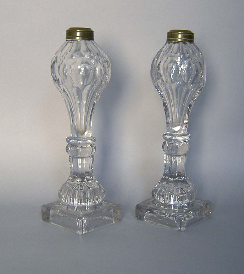 Appraisal: Pair of colorless glass whale oil lamps th c h