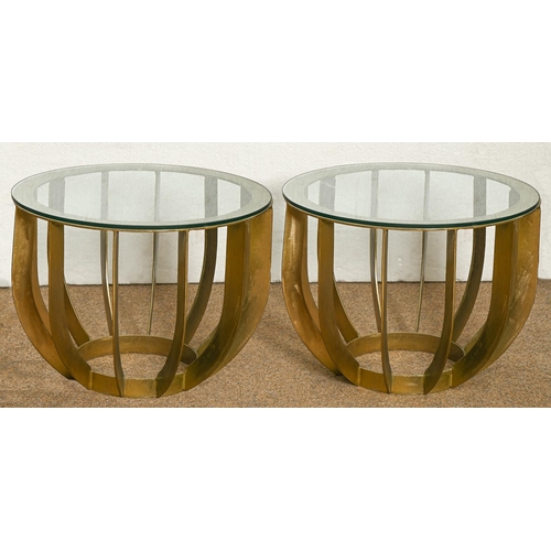 Appraisal: A pair of unpolished brass occasional tables with round glass