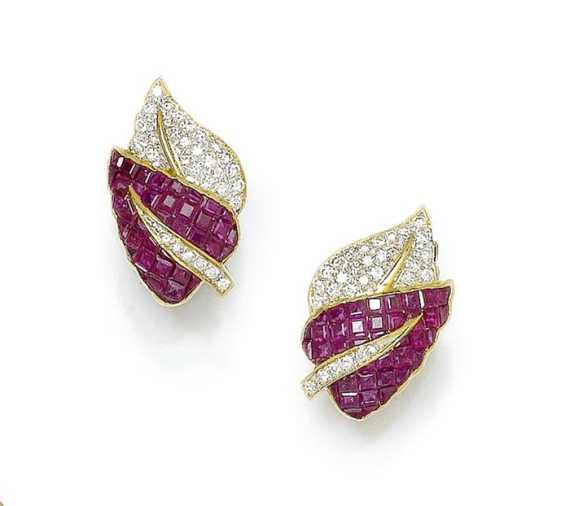 Appraisal: RUBY AND BRILLIANT-CUT DIAMOND CLIP EARRINGS Yellow gold Decorative clip