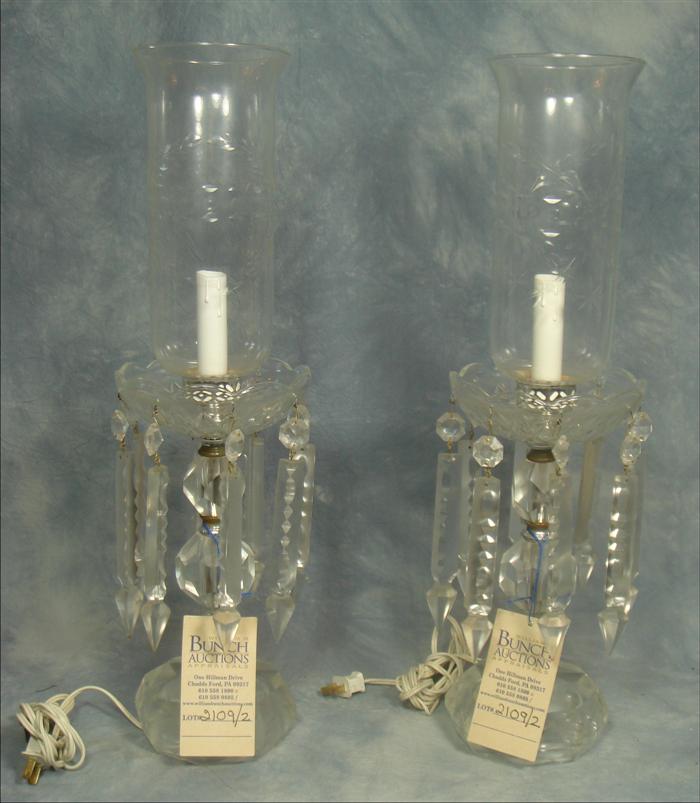 Appraisal: Pair of crystal table lamps etched hurricane shades h Estimate