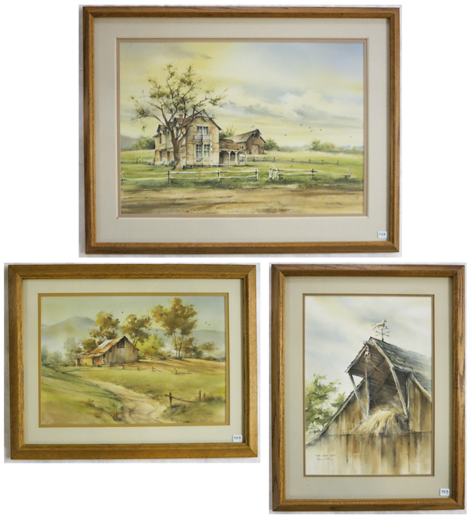 Appraisal: HOWARD REES THREE WATERCOLORS ON PAPER California born Farm scenes