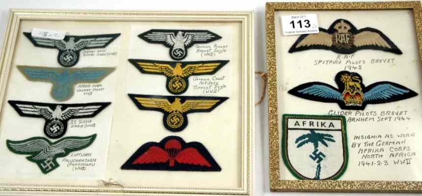 Appraisal: Framed Sets of WW cloth military badges