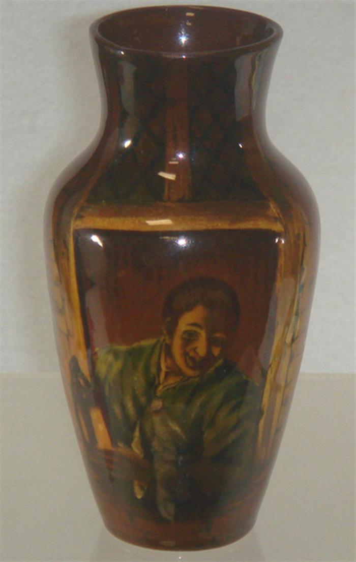 Appraisal: Mettlach Rookwood type vase man in window with lantern h