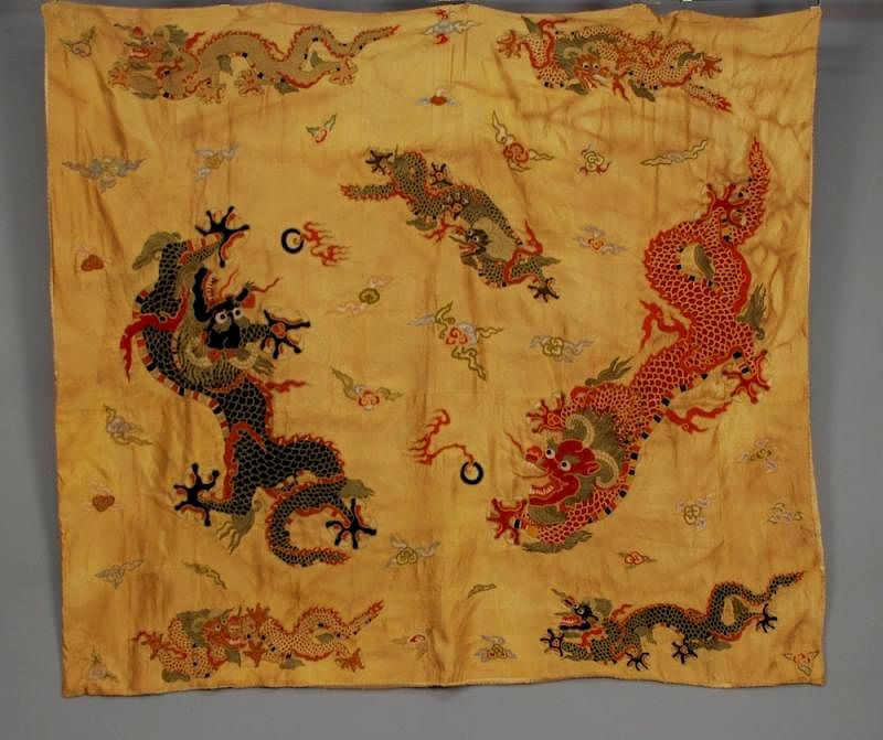 Appraisal: CHINESE SILK EMBROIDERED DRAGON PANEL EARLY th C Gold silk