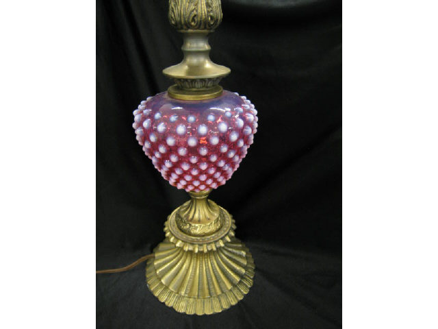 Appraisal: Cranberry Opalescent Art Glass Table Lamp hobnail design bronzed trim