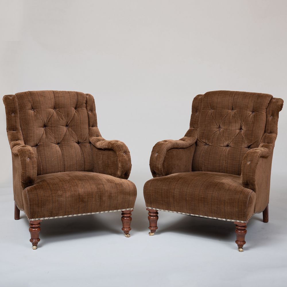 Appraisal: Pair of Victorian Style Mahogany and Tufted Velvet Upholstered Armchairs