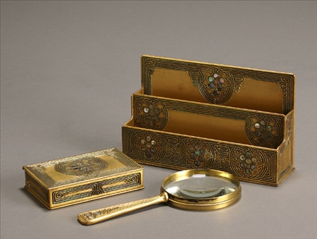 Appraisal: Tiffany Studios Three-Piece 'Abalone' Gilt Bronze Desk Set First Quarter