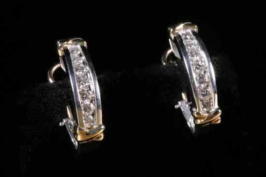 Appraisal: PAIR K YELLOW AND WHITE GOLD AND DIAMOND CRESCENT-FORM LOOP