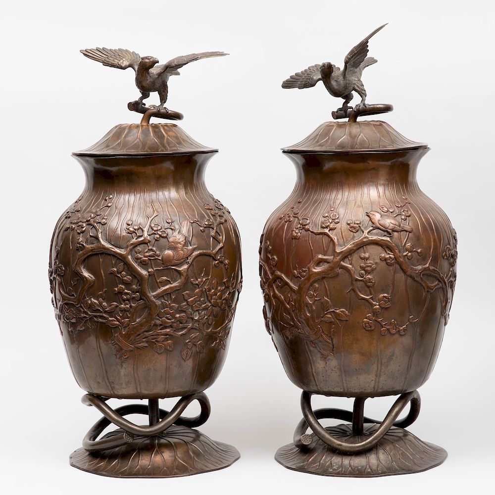 Appraisal: Two Large Japanese Cast Mixed Metal Covered Urns With applied