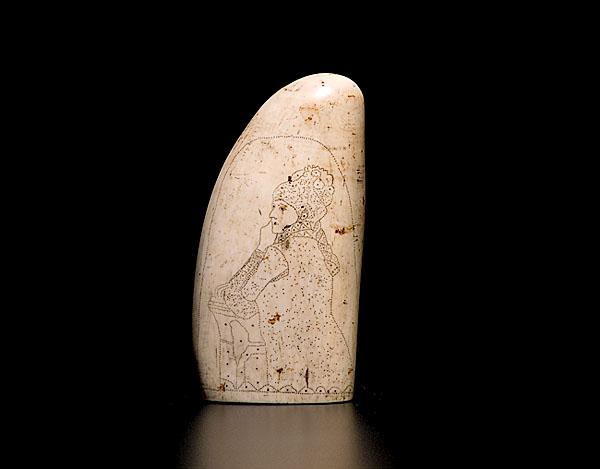 Appraisal: WHALE'S TOOTH WITH PIN-PRICKED SCRIMSHAW OF LADY American ca -