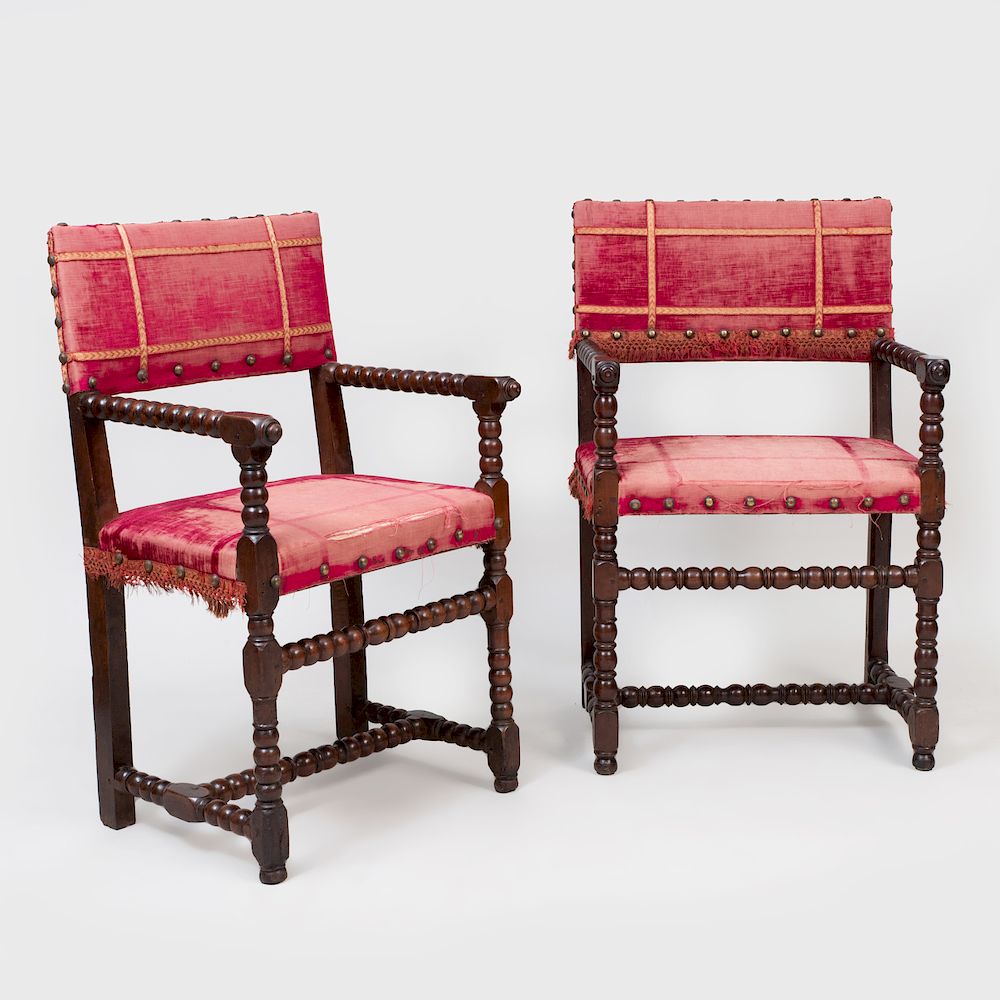 Appraisal: Near Pair of Continental Baroque Style Walnut Armchairs probably Italian