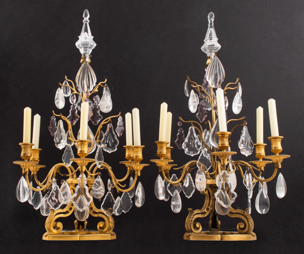 Appraisal: LOUIS XV ORMOLU FIVE-ARMED CANDELABRA PAIR Louis XV Neoclassical ormolu