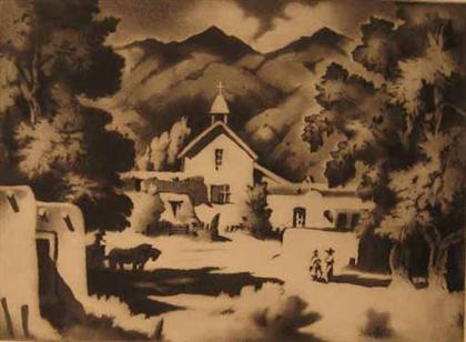 Appraisal: GENE KLOSS american - ROCKY MOUNTAIN VILLAGE Pencil signed and