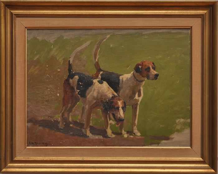 Appraisal: AMERICAN SCHOOL FIELD DOGS Oil on canvas x bearing signature