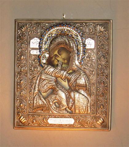 Appraisal: Russian silvered metal and enamel icon Vladimirskaya Mother of God