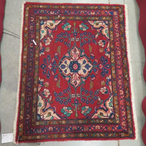 Appraisal: Hamadan Persian Handmade Mat center flower and stylized borders red