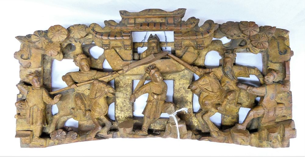 Appraisal: ANTIQUE CHINESE GILT WOOD WARRIORS WALL PLAQUE Antique Chinese fully