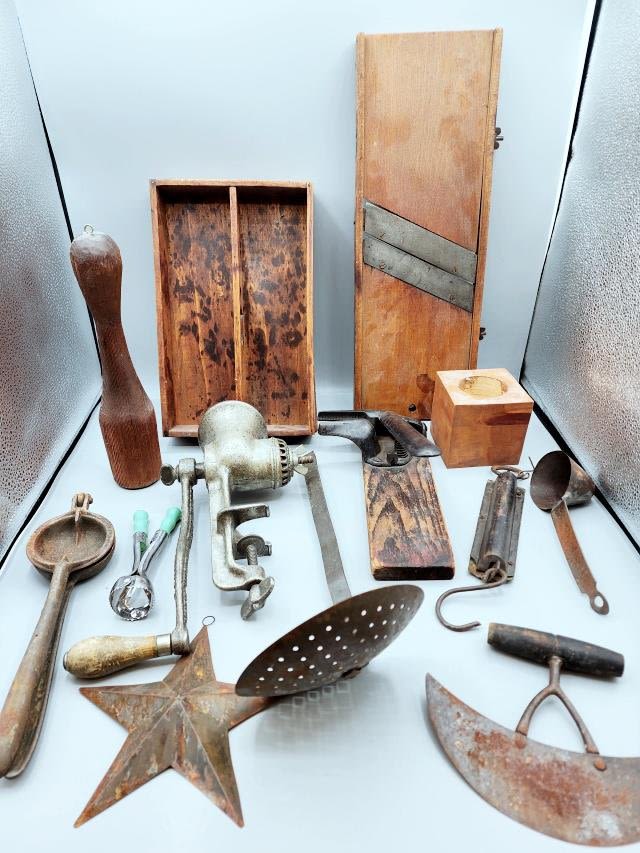 Appraisal: Large kitchen primitive grouping includes a x inch slaw cutter