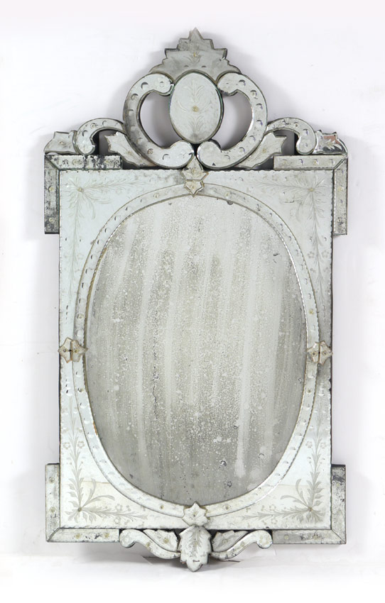 Appraisal: VENETIAN GLASS WALL MIRROR th century etched and applied glass