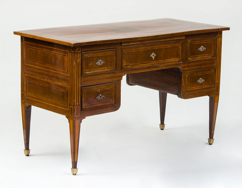 Appraisal: ITALIAN NEOCLASSICAL METAL-MOUNTED INLAID MAHOGANY KNEEHOLE DESK The overhanging top