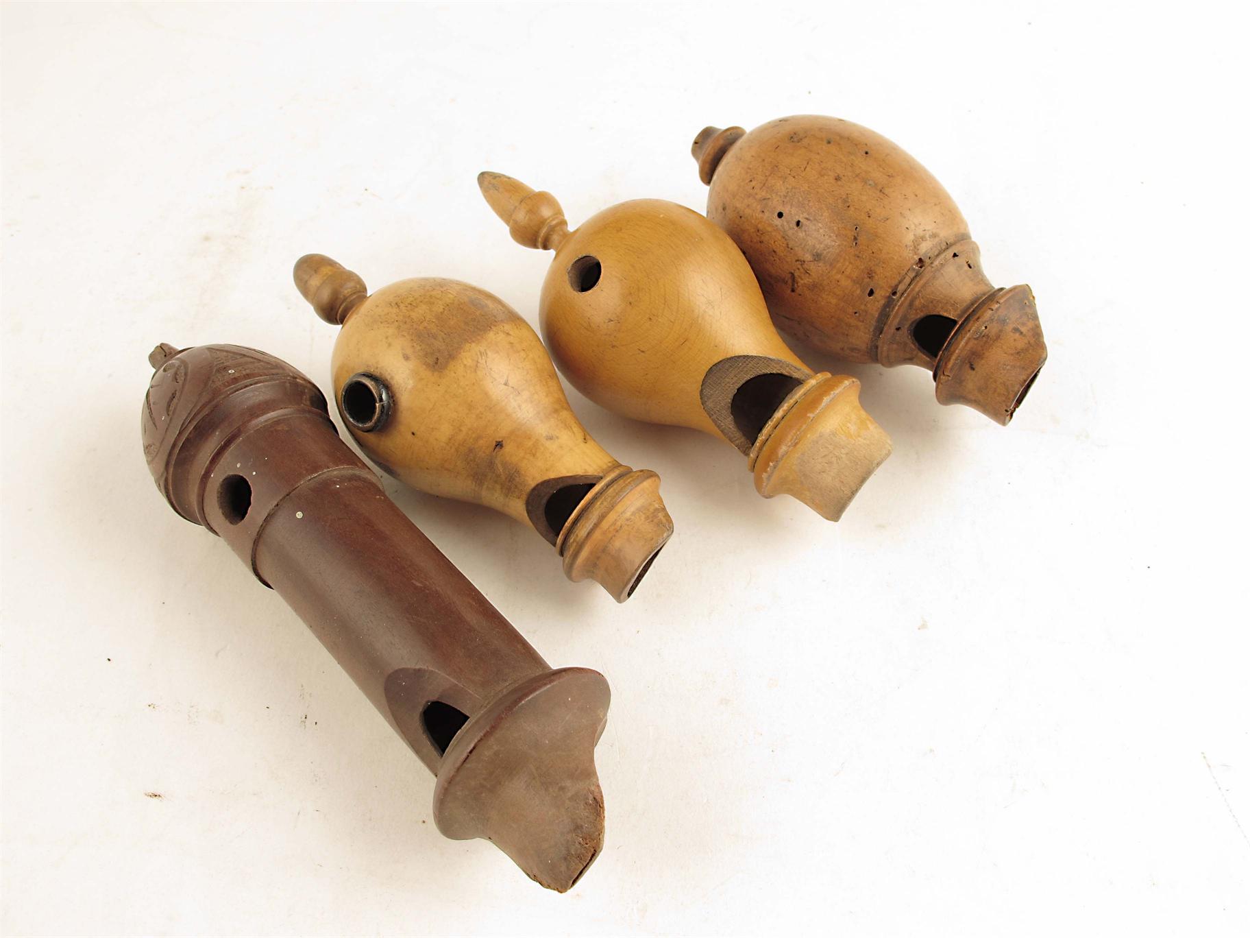 Appraisal: Four turned treen bird whistles