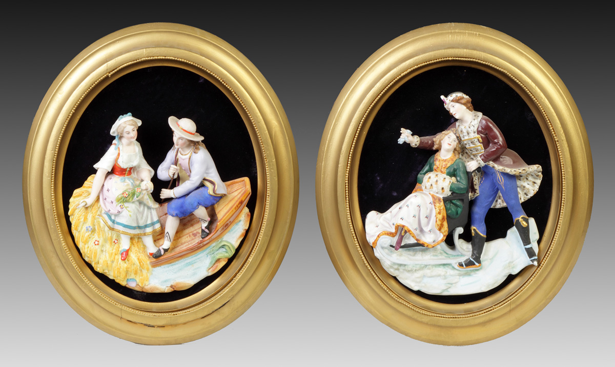 Appraisal: Continental Hand Painted Bisque Figural Plaques th cent Depicting couple