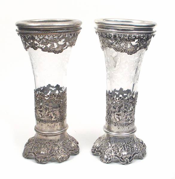 Appraisal: A continental pair of wheel engraved glass beaker form vases