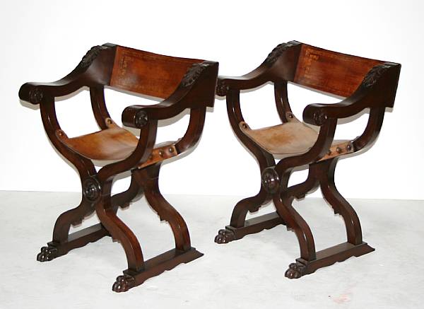 Appraisal: A set of five Italian Renaissance style walnut Savonarola chairs