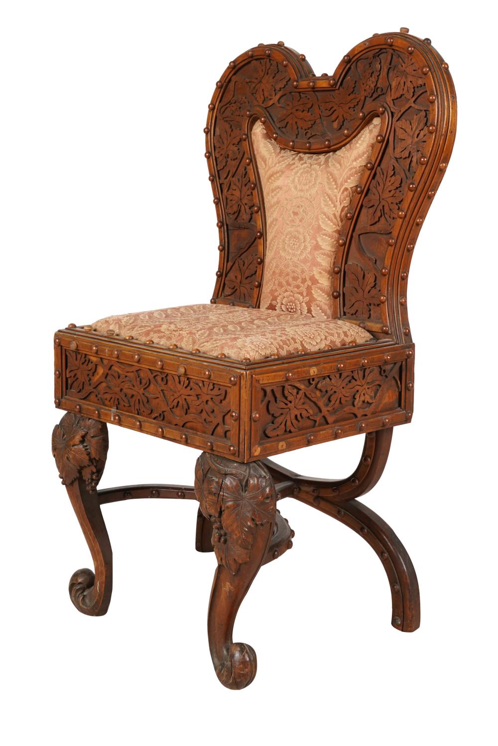 Appraisal: CARVED SIDE CHAIRupholstered seat and back Condition slight variations in