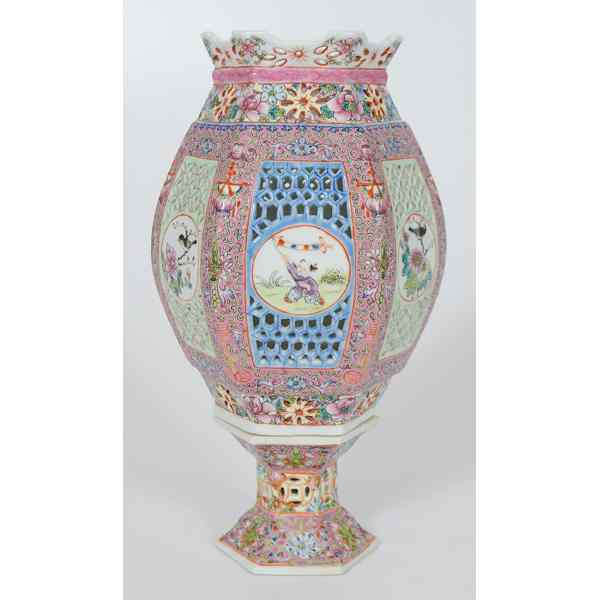 Appraisal: Chinese Reticulated Famille Rose Vase Chinese A two-part reticulated hexagonal