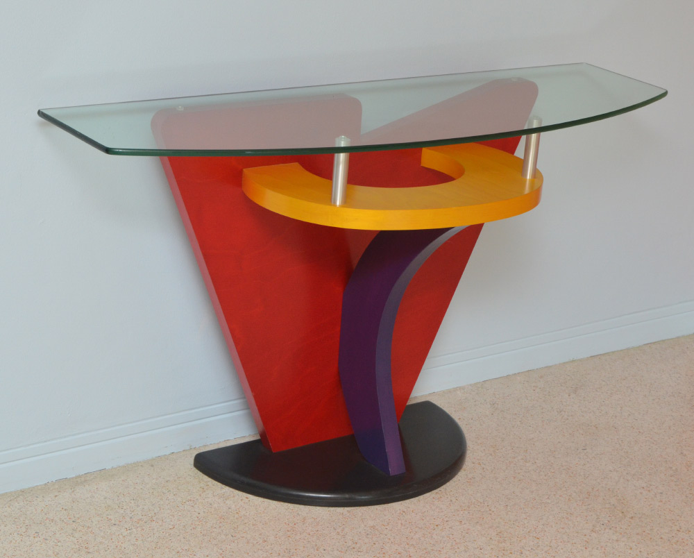 Appraisal: CONTEMPORARY GLASS TOP HALL TABLE Abstract polychrome paint decorated base