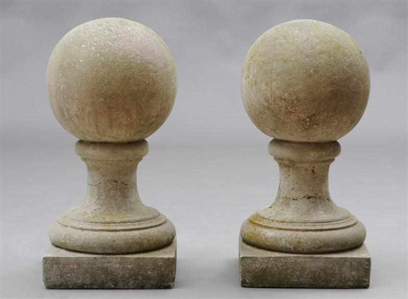 Appraisal: PAIR OF CAST STONE GARDEN SPHERES Each on flared stem