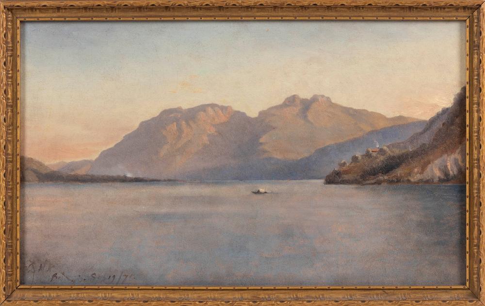 Appraisal: AMERICAN SCHOOL TH CENTURY BOATING ON A MOUNTAIN LAKE OIL