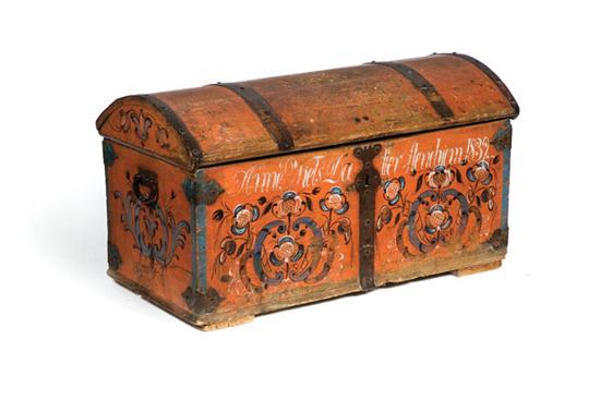 Appraisal: DECORATED TRUNK Probably German pine Emmigrant dome-top trunk with wrought