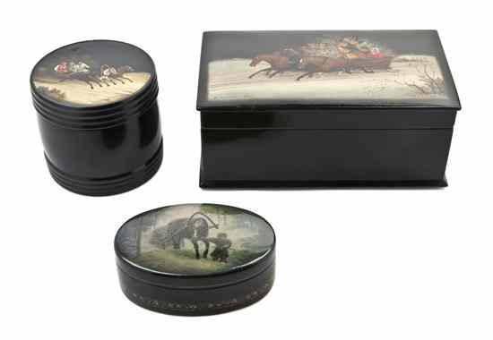 Appraisal: Three Russian Lacquered Boxes comprising a rectangular example and a