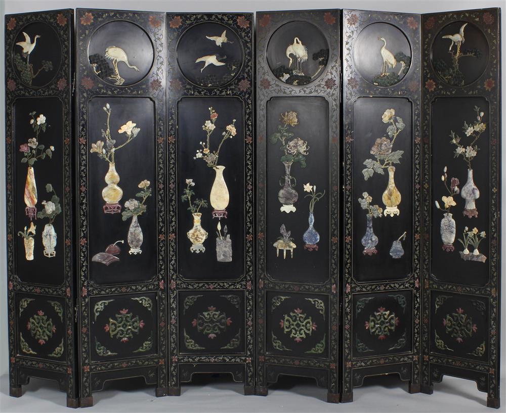 Appraisal: CHINESE HARDSTONE-INLAID SIX-PANEL FLOOR SCREEN each panel bearing a hardstone