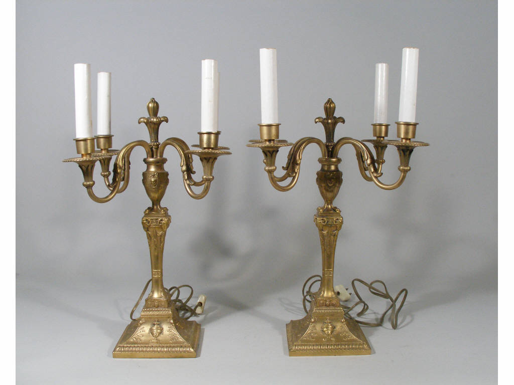 Appraisal: Pair of Louis XVI Style Bronze Dore Candelabra four arm