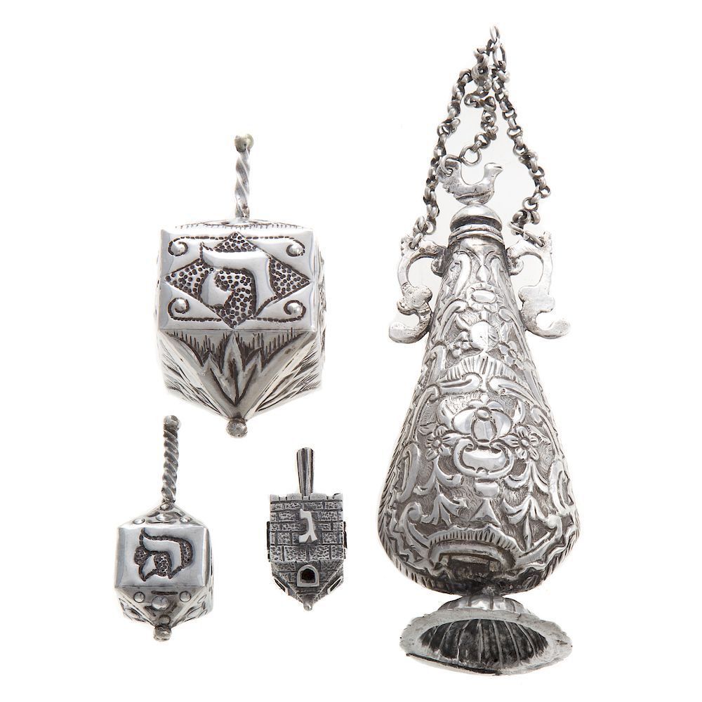 Appraisal: A Collection of Judaica Silver Articles pieces comprising Dreidels largeest-