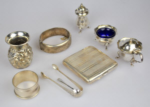 Appraisal: A collection of silver items including a cigarette case condiment