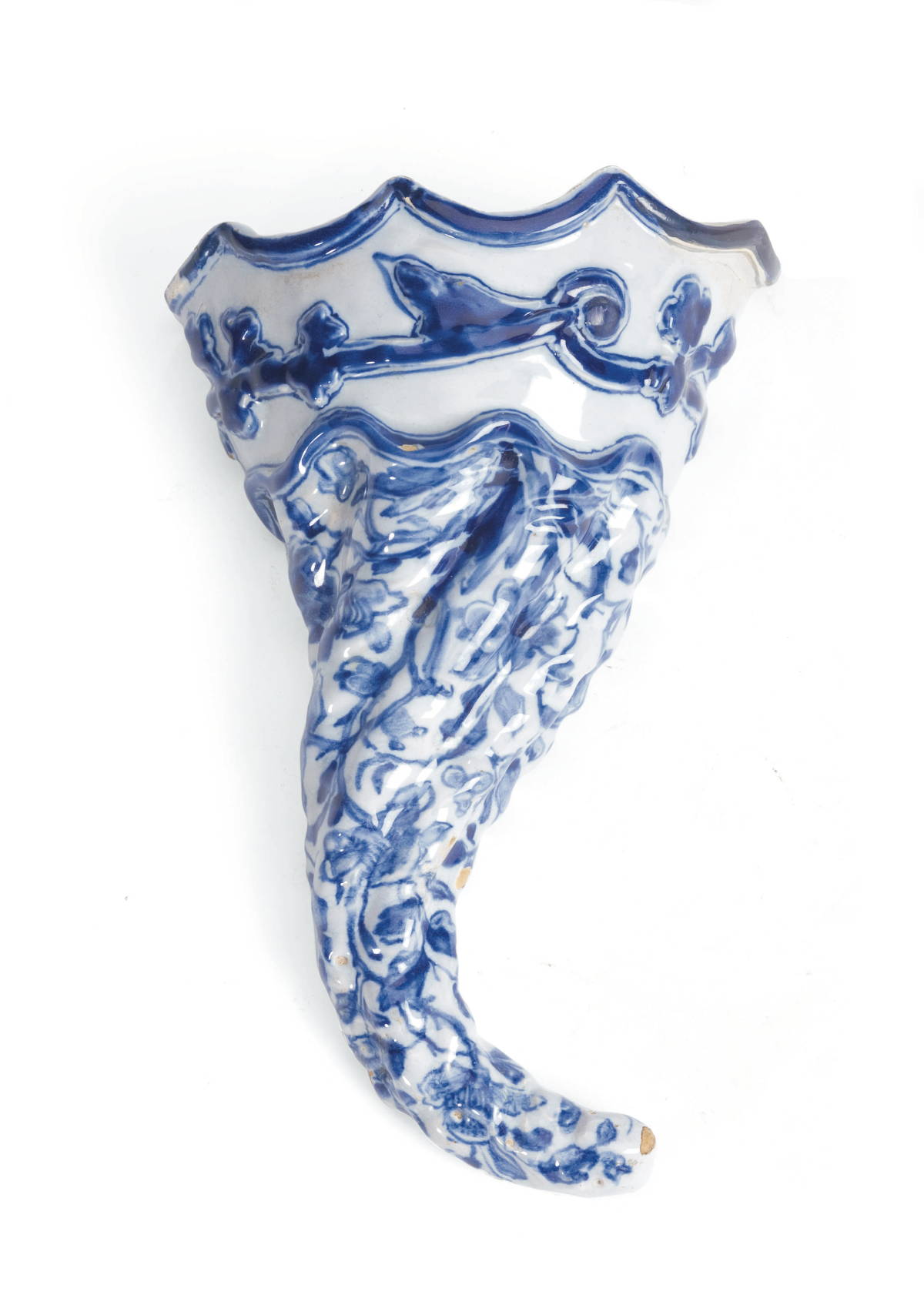 Appraisal: DELFT BLUE AND WHITE WALL POCKET Of spirally-writhen cornucopia form