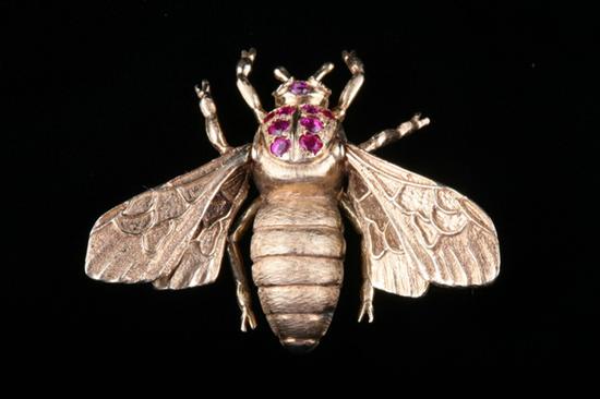 Appraisal: K YELLOW GOLD RUBY AND DIAMOND BEE FORM PIN signed